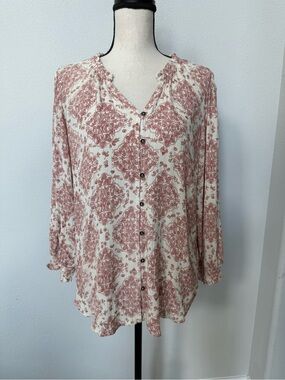 Mason & Belle Cream and Dusty Rose Button-Front Peasant Blouse